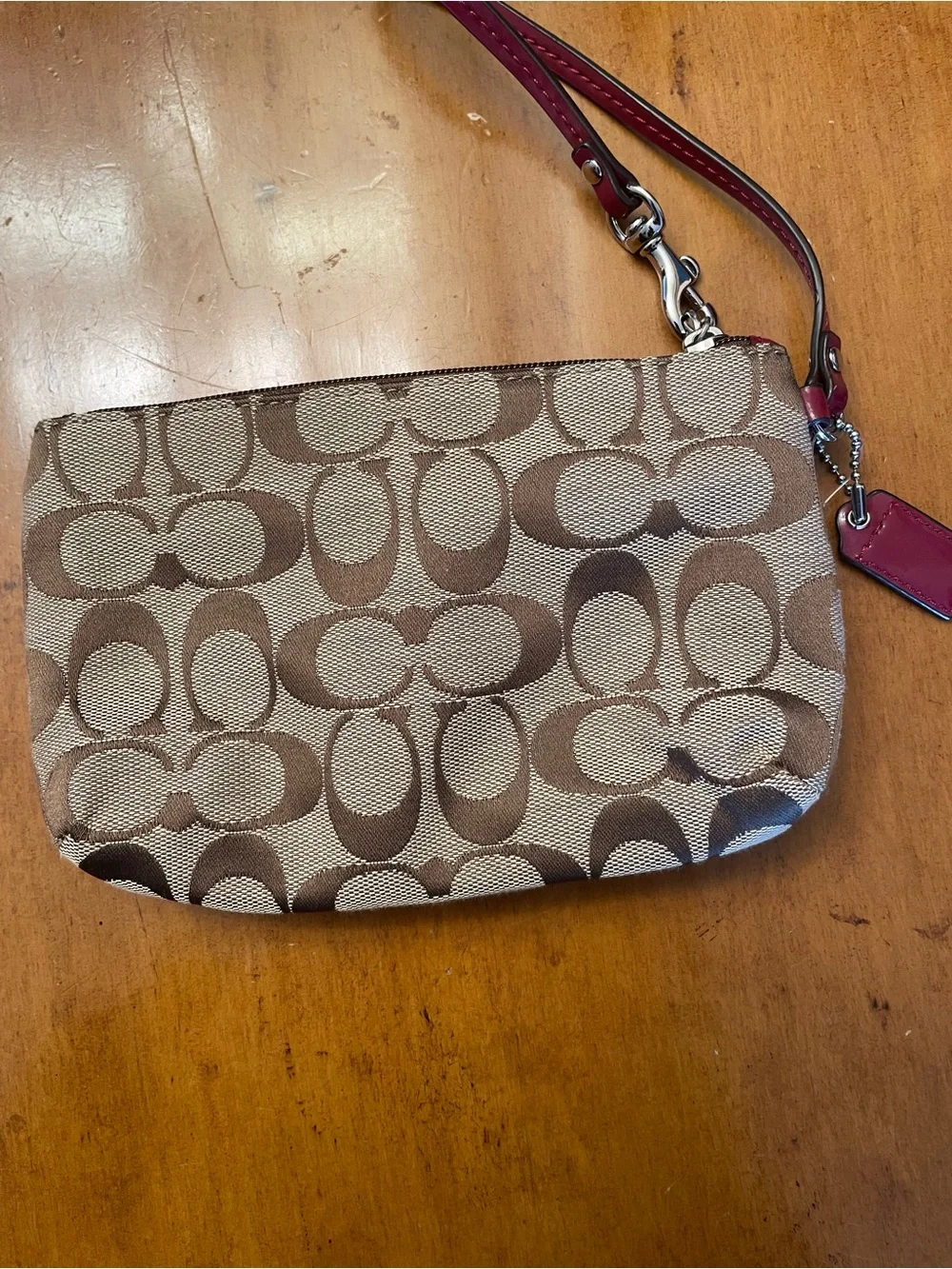 Coach-NWT-Signature Canvas Wristlet in Khaki/Chalk with Ruby Trim